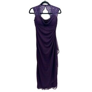 XSCAPE Eggplant Purple Lace Shoulder Ruched Drape Front Maxi Bridesmaid Dress 4
